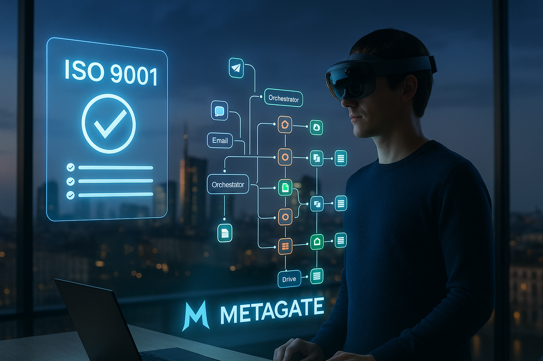 Metagate è certificata ISO 9001. AI agents all'opera (GPT + n8n)