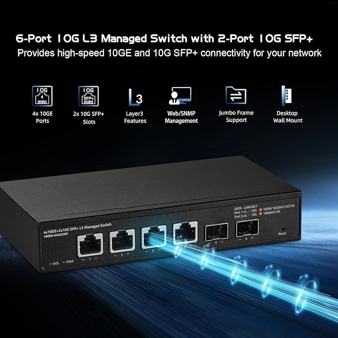 Binardat Switch - 6 porte 10 Gigabit, Ethernet 4x10G RJ45, supporto 1G/2.5G/5G/10G