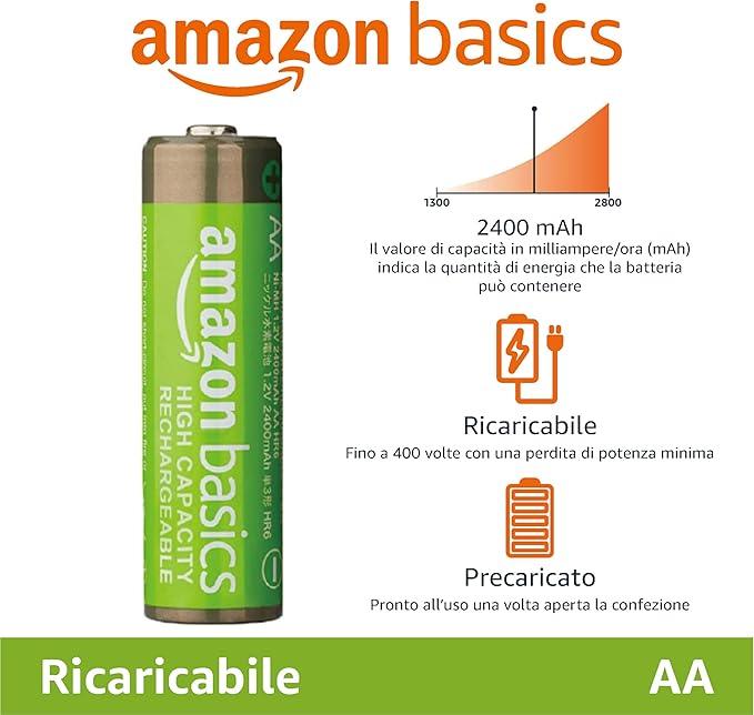 Batterie AA ricaricabili, 2400 mAh, pre-caricate, NiMh, confezione da 8